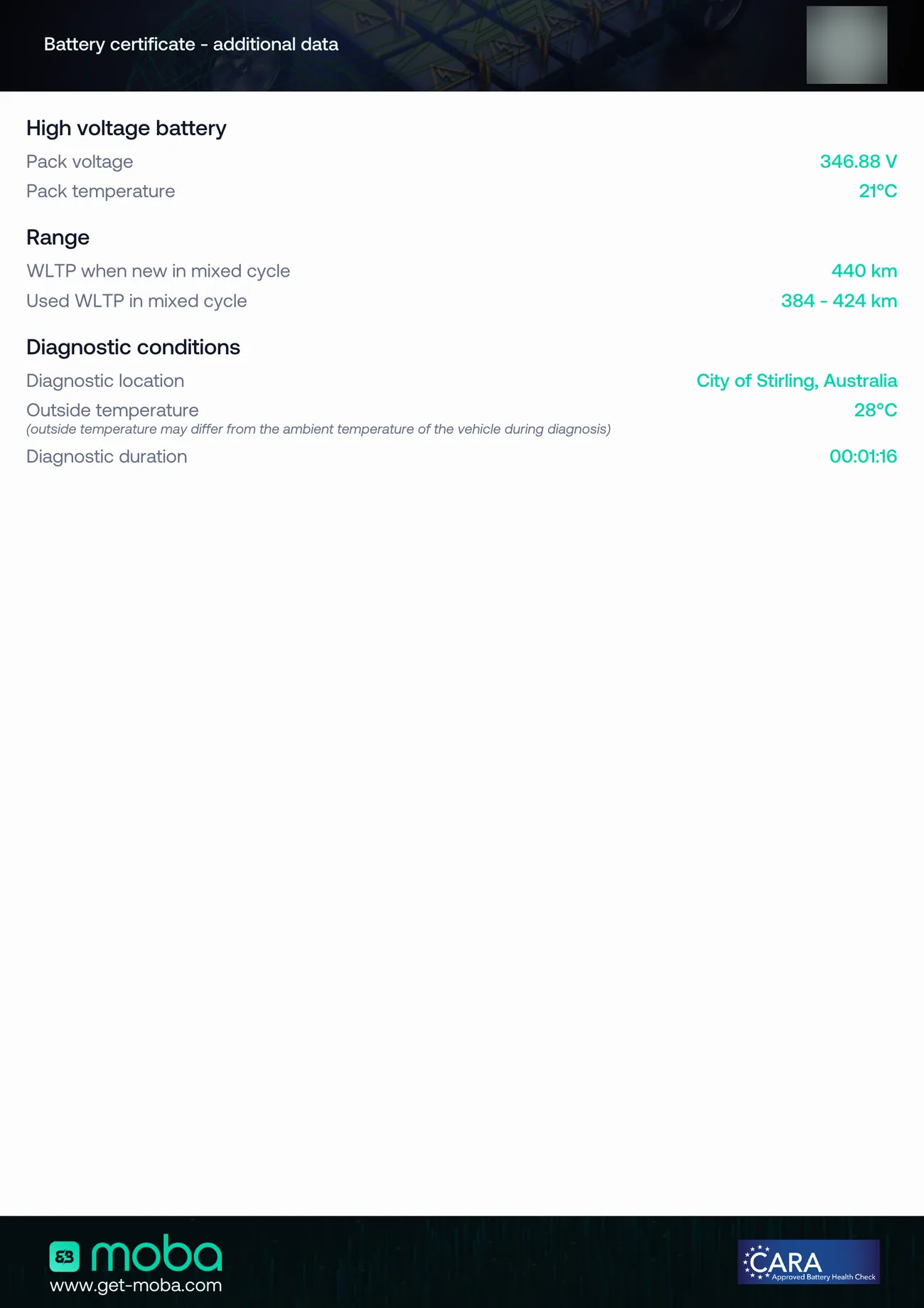 Page 2 of a sample Moba battery certificate showing pack voltage, pack temperature, WLTP range, diagnostic location, outside temperature and diagnostic duration