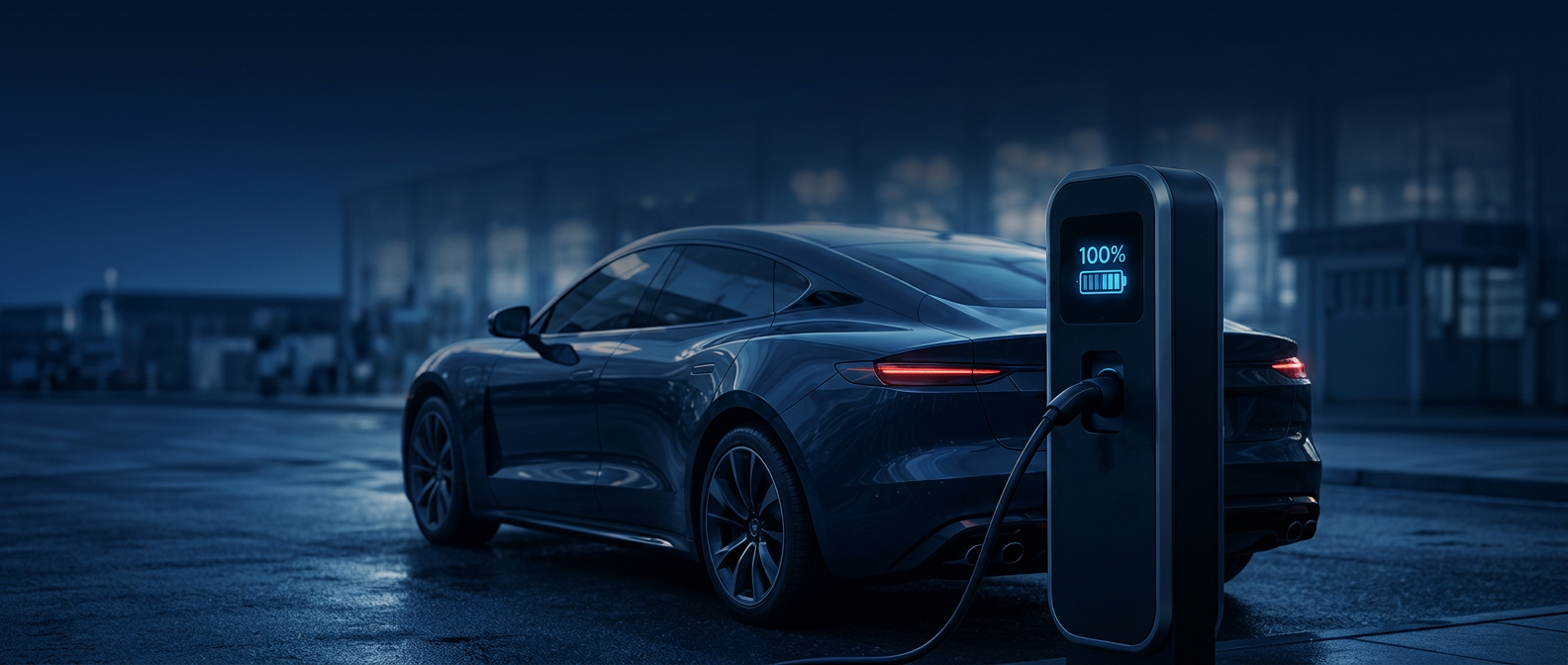 Electric vehicle plugged into a fast charger at night